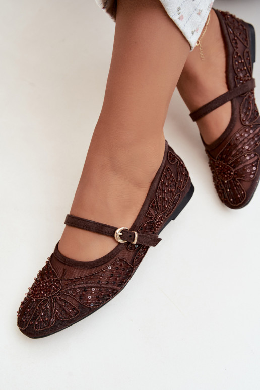 Mesh ballerina's met geborduurde bloemen en pailletten in chocoladekleur Caletta