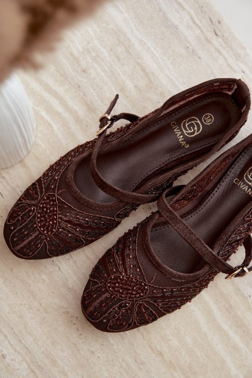 Mesh ballerina's met geborduurde bloemen en pailletten in chocoladekleur Caletta