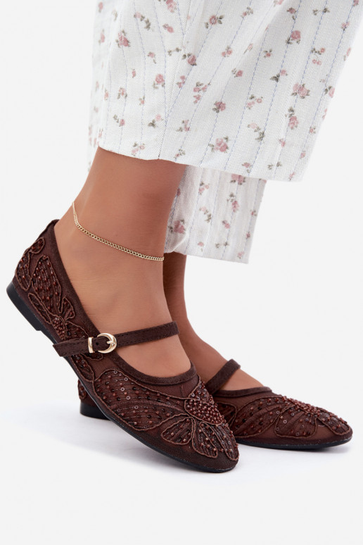 Mesh ballerina's met geborduurde bloemen en pailletten in chocoladekleur Caletta