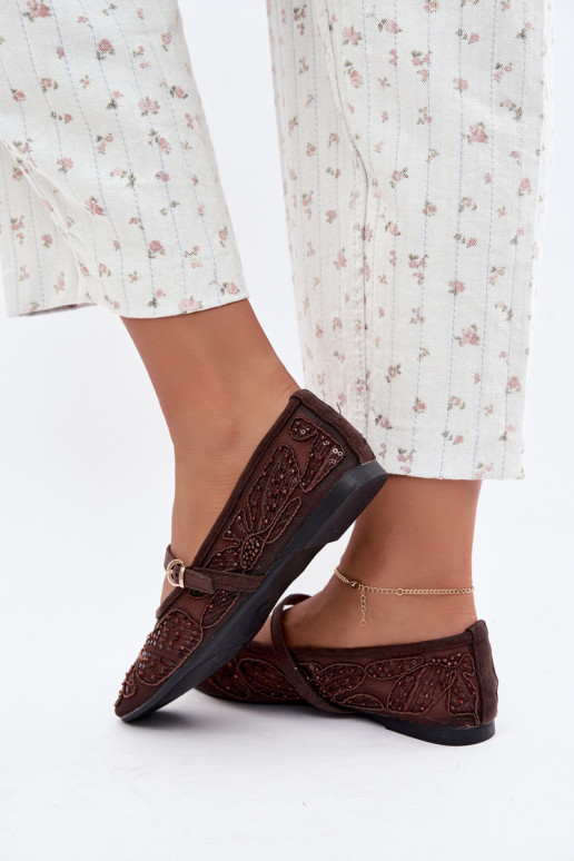 Mesh ballerina's met geborduurde bloemen en pailletten in chocoladekleur Caletta
