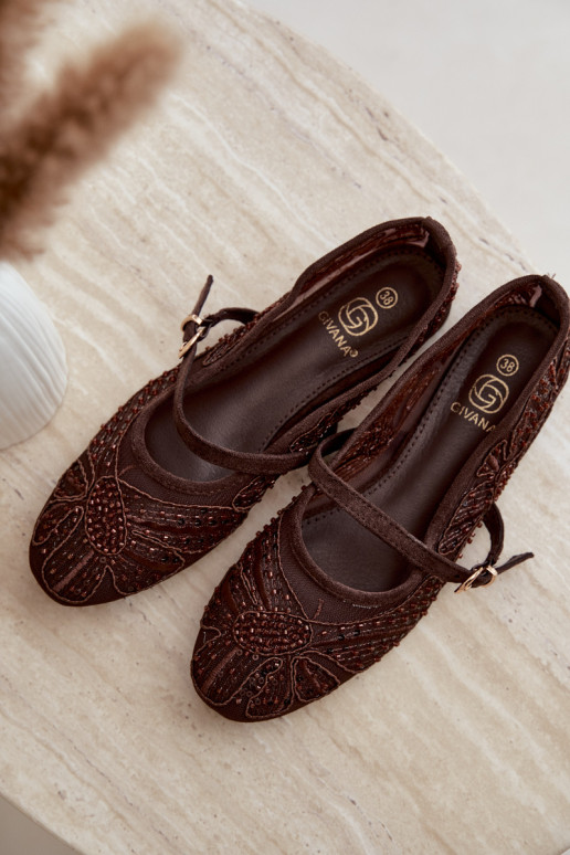 Mesh ballerina's met geborduurde bloemen en pailletten in chocoladekleur Caletta
