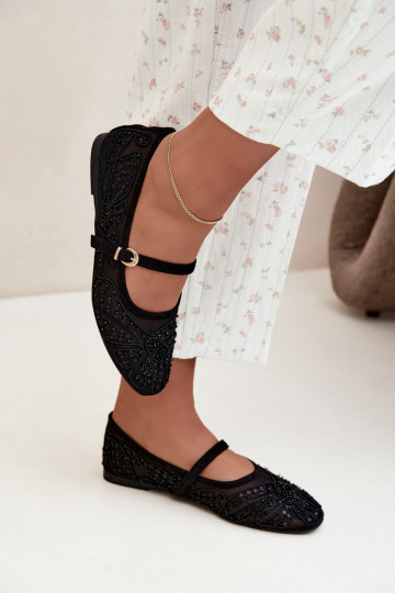 Mesh ballerina's met geborduurde bloemen en pailletten in zwarte kleur Caletta