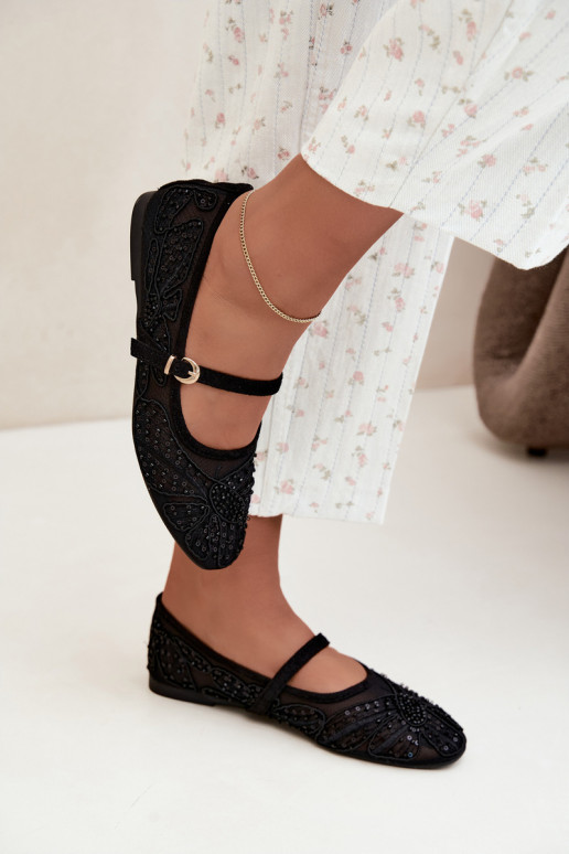 Mesh ballerina's met geborduurde bloemen en pailletten in zwarte kleur Caletta