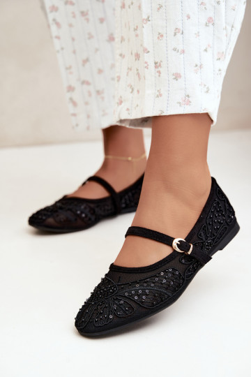 Mesh ballerina's met geborduurde bloemen en pailletten in zwarte kleur Caletta 2