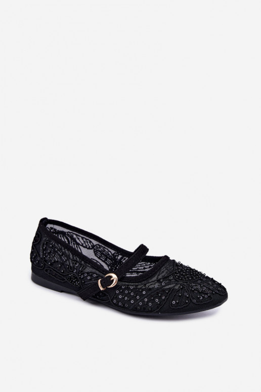 Mesh ballerina's met geborduurde bloemen en pailletten in zwarte kleur Caletta
