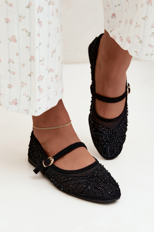 Mesh ballerina's met geborduurde bloemen en pailletten in zwarte kleur Caletta