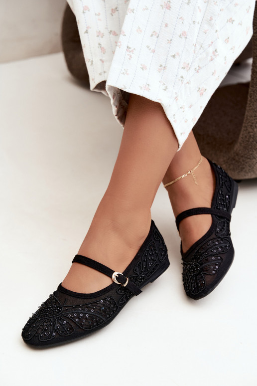 Mesh ballerina's met geborduurde bloemen en pailletten in zwarte kleur Caletta