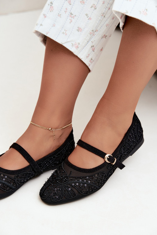Mesh ballerina's met geborduurde bloemen en pailletten in zwarte kleur Caletta