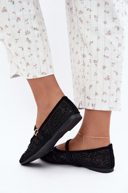 Mesh ballerina's met geborduurde bloemen en pailletten in zwarte kleur Caletta
