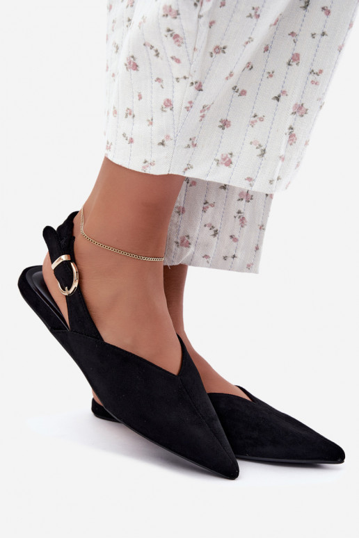 Ballerina's met open hielen, decoratieve linten en gespen in zwarte kleur Harton