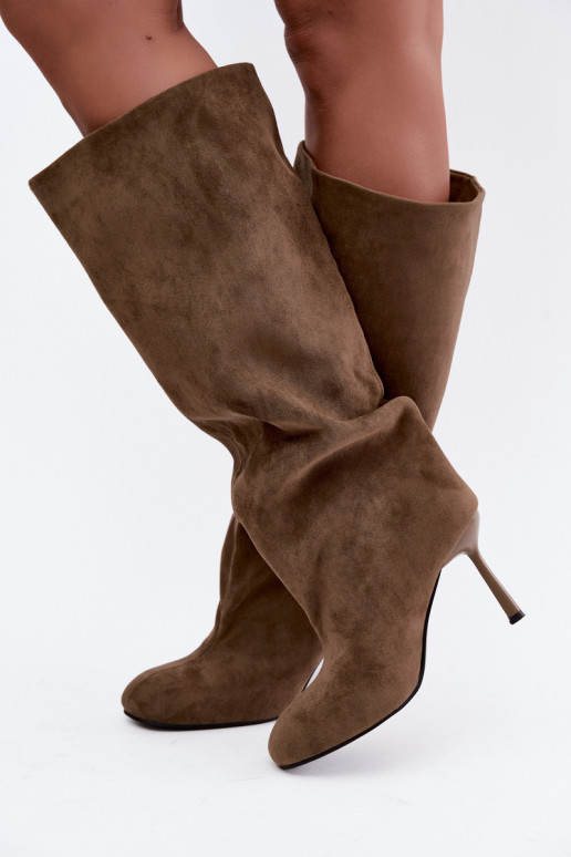 instap dames laarzen tot de knie met dunne hakken in khaki kleur Caliya
