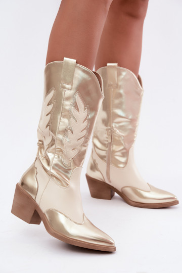 laarzen tot de knie in cowboystijl met hak in gouden kleur