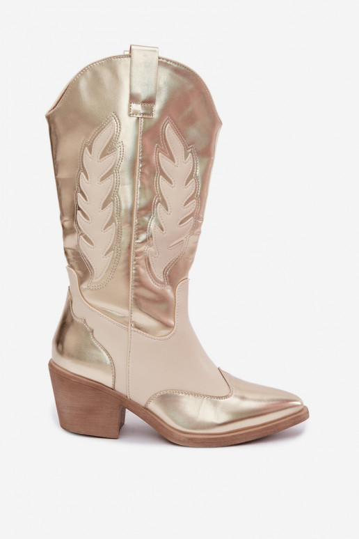laarzen tot de knie in cowboystijl met hak in gouden kleur