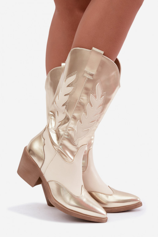 laarzen tot de knie in cowboystijl met hak in gouden kleur