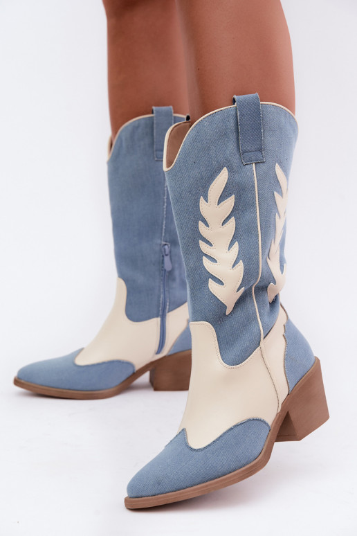 laarzen tot de knie in cowboystijl met hak van denim in bruine kleur