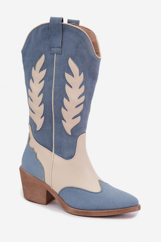 laarzen tot de knie in cowboystijl met hak van denim in bruine kleur
