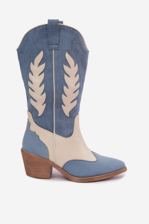 laarzen tot de knie in cowboystijl met hak van denim in bruine kleur
