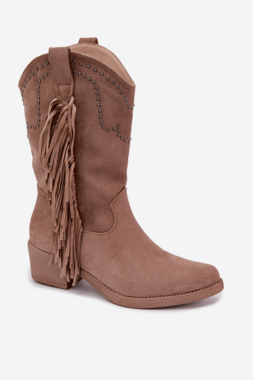 Cowboy-stijl dames enkellaarsjes met franjes en versieringen in zandkleur Perlia