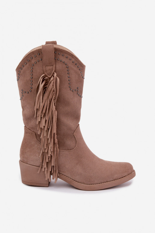 Cowboy-stijl dames enkellaarsjes met franjes en versieringen in zandkleur Perlia