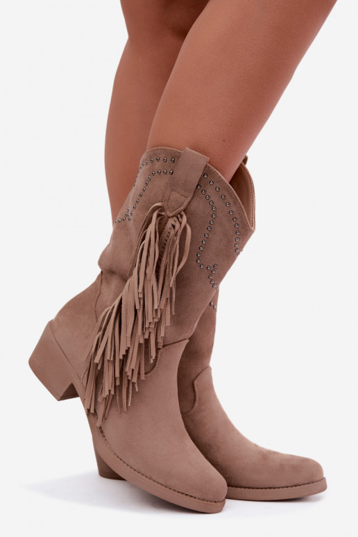 Cowboy-stijl dames enkellaarsjes met franjes en versieringen in zandkleur Perlia