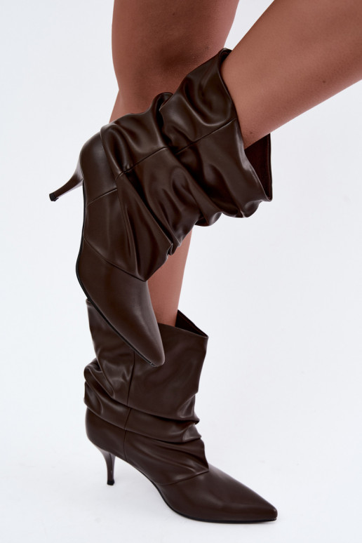 Instap dames slouchy enkellaarsjes met dunne hakken in chocolade kleur Harissa