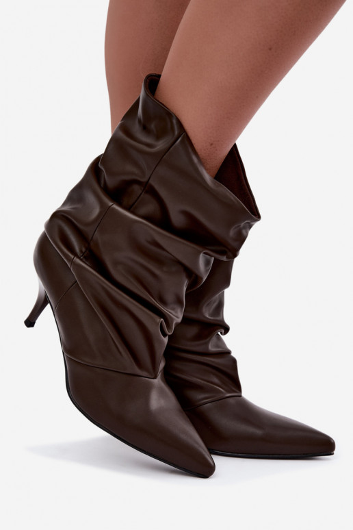 Instap dames slouchy enkellaarsjes met dunne hakken in chocolade kleur Harissa