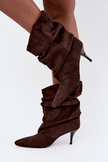 Instap dames slouchy enkellaarsjes met dunne hakken in chocolade kleur Harissa