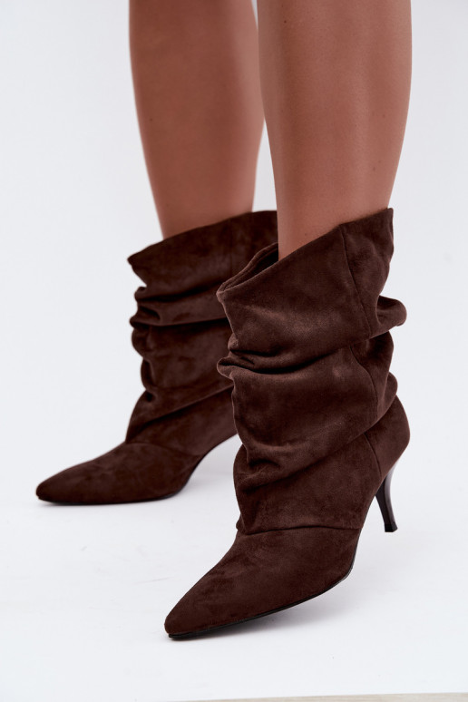 Instap dames slouchy enkellaarsjes met dunne hakken in chocolade kleur Harissa