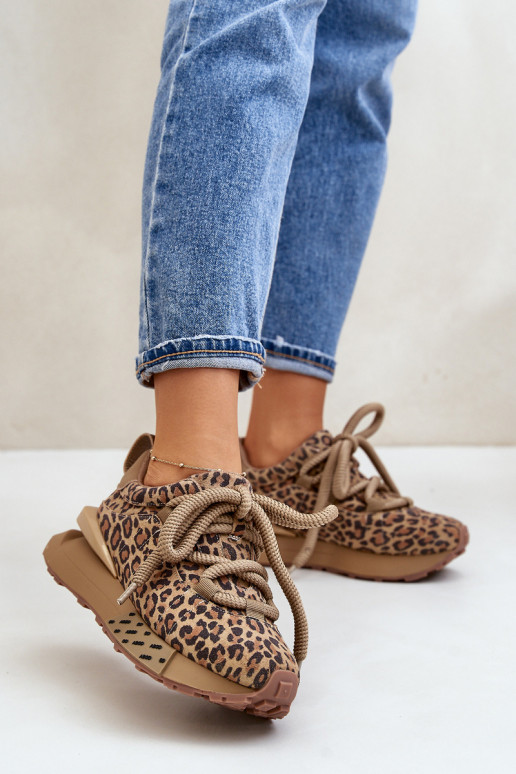 Suède dames sneakers met platform en luipaardprint Artiker 55C0135 bruin