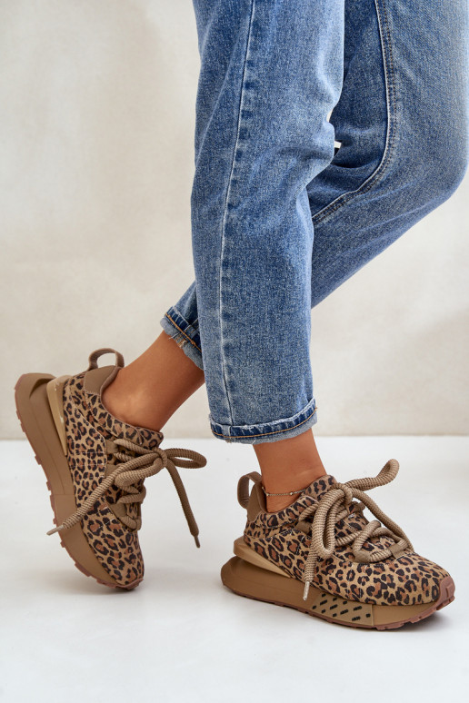 Suède dames sneakers met platform en luipaardprint Artiker 55C0135 bruin
