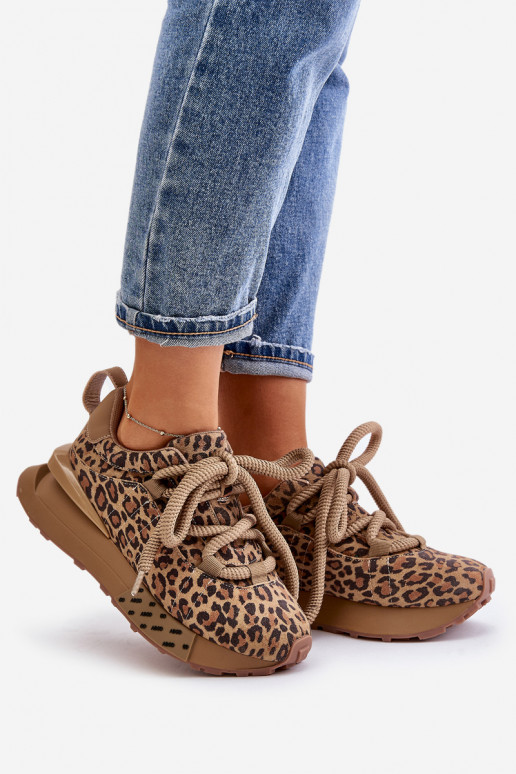 Suède dames sneakers met platform en luipaardprint Artiker 55C0135 bruin
