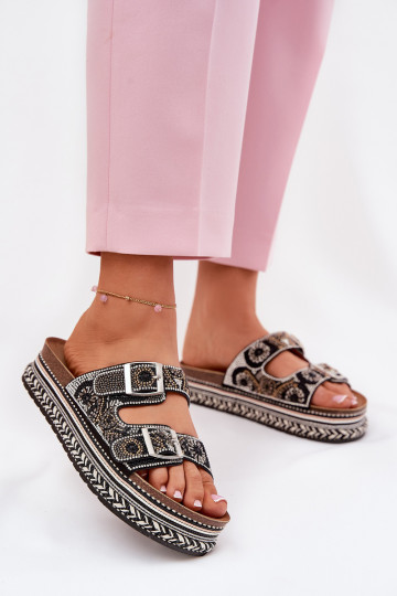 Slippers met decoratie en gesp op platform Mellene zwart 2