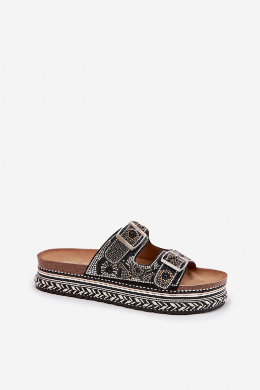 Slippers met decoratie en gesp op platform Mellene zwart