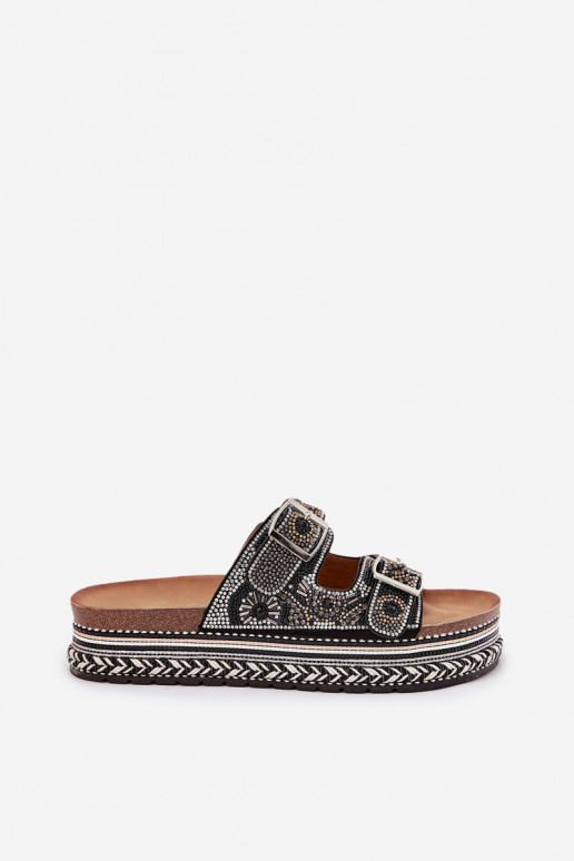 Slippers met decoratie en gesp op platform Mellene zwart