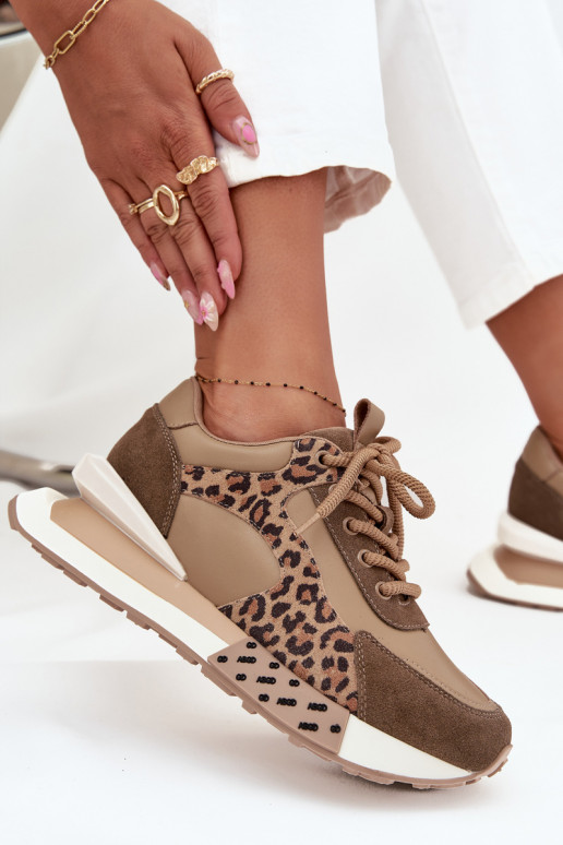 Bruine sneakers met platform en lederen details in luipaardprint Artiker 55C0089