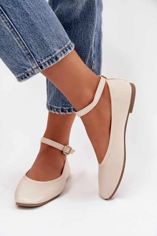 Zandkleurige ballerina's met bandjes en gespen Janelor