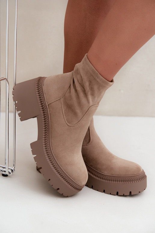 dames enkellaarsjes met chunky hak en platform van faux suede zandkleurig Elvianne