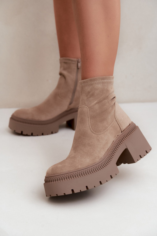 dames enkellaarsjes met chunky hak en platform van faux suede zandkleurig Elvianne
