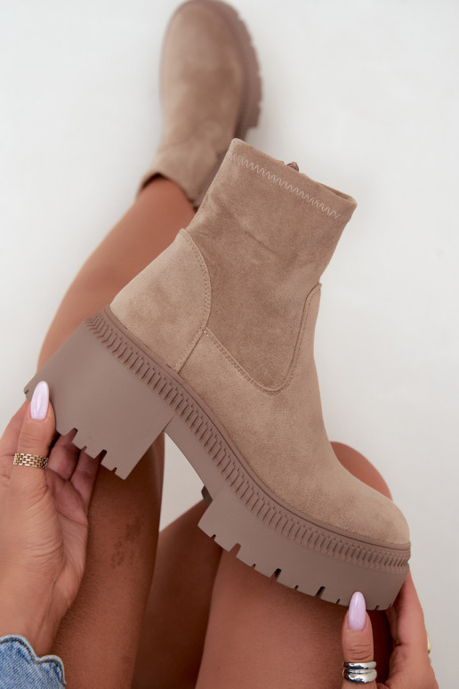 dames enkellaarsjes met chunky hak en platform van faux suede zandkleurig Elvianne