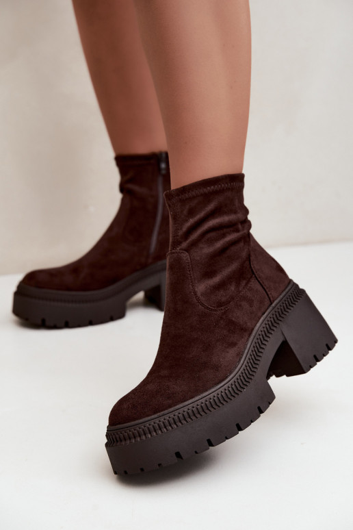 dames enkellaarsjes met chunky hak en platform van faux suede karamelkleurig Elvianne