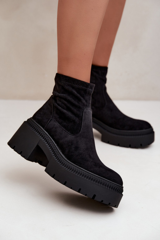 dames enkellaarsjes met chunky hak en platform van faux suede zwart Elvianne