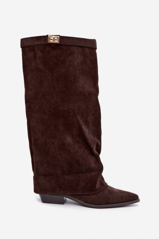 dames hoge laarzen met veterschaft op lage hak van faux suede karamelkleurig Gisellea