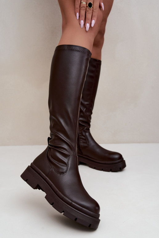 dames lange laarzen met platform in faux leather CzekoladoĮe