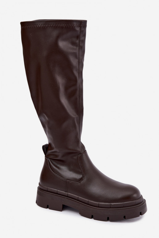 dames lange laarzen met platform in faux leather CzekoladoĮe