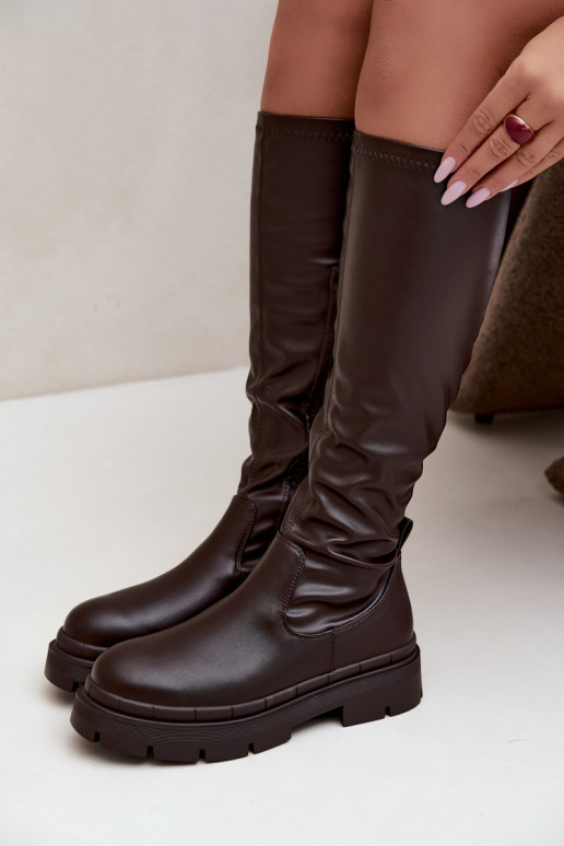 dames lange laarzen met platform in faux leather CzekoladoĮe