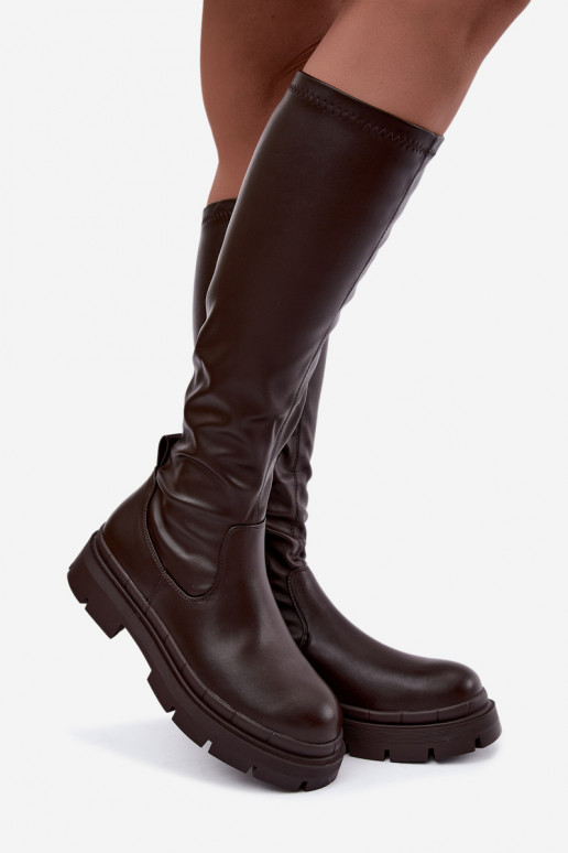 dames lange laarzen met platform in faux leather CzekoladoĮe