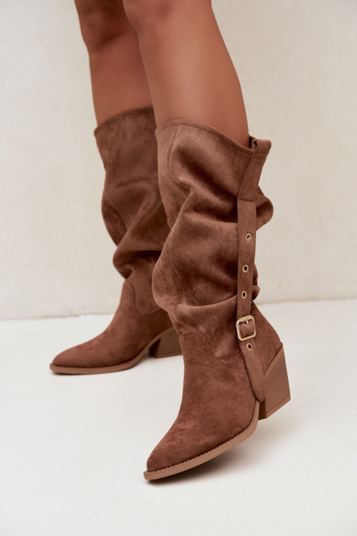 gekruiste dames lange laarzen in cowboystijl met riemen en hakken in bruin Adria