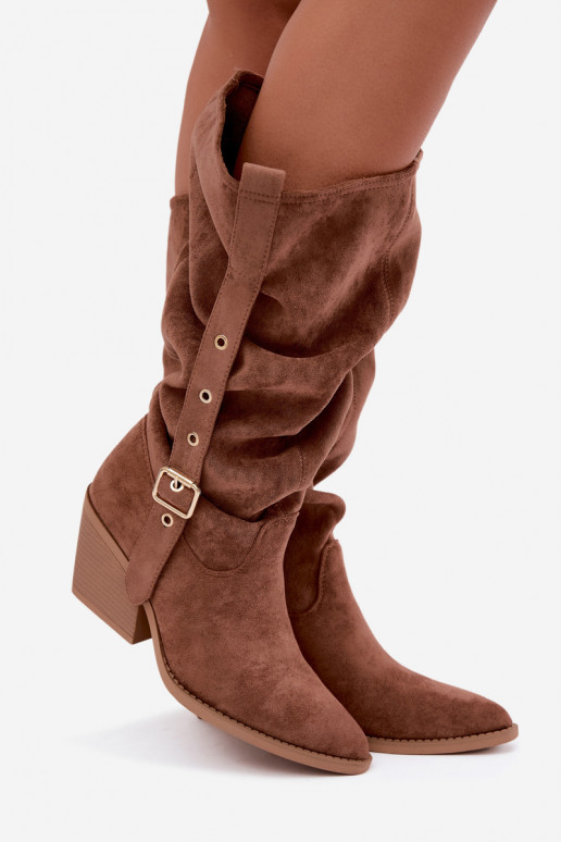 gekruiste dames lange laarzen in cowboystijl met riemen en hakken in bruin Adria