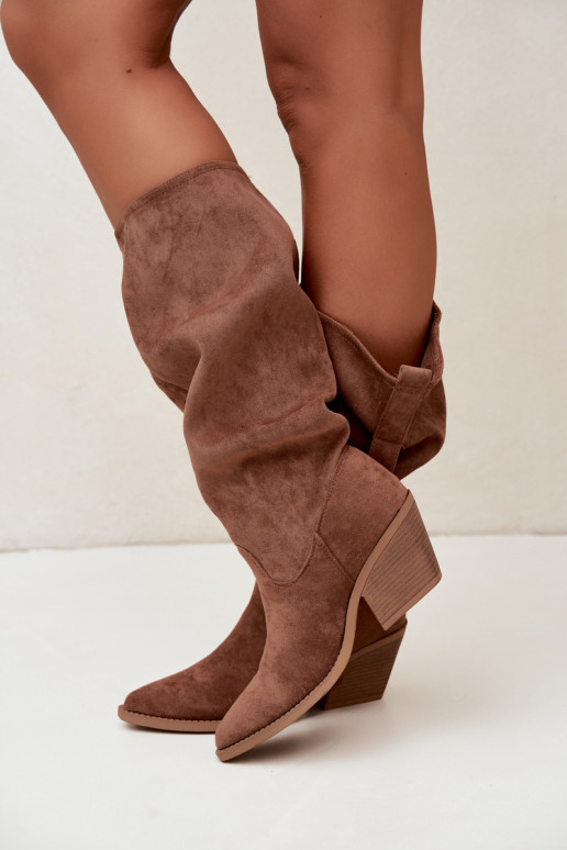 gekruiste dames lange laarzen in cowboystijl met riemen en hakken in bruin Adria