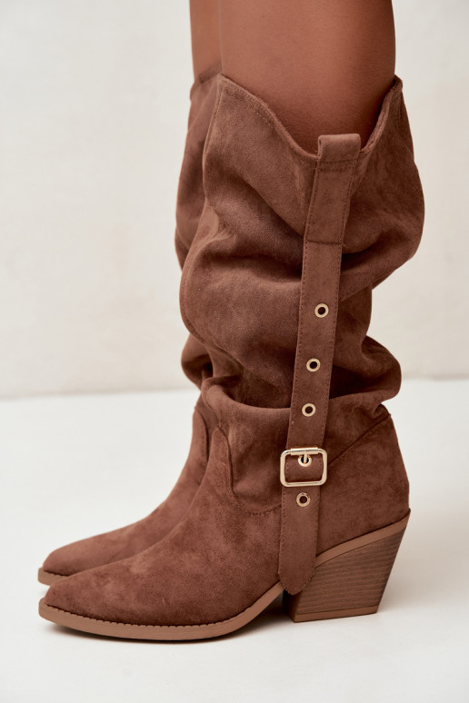 gekruiste dames lange laarzen in cowboystijl met riemen en hakken in bruin Adria
